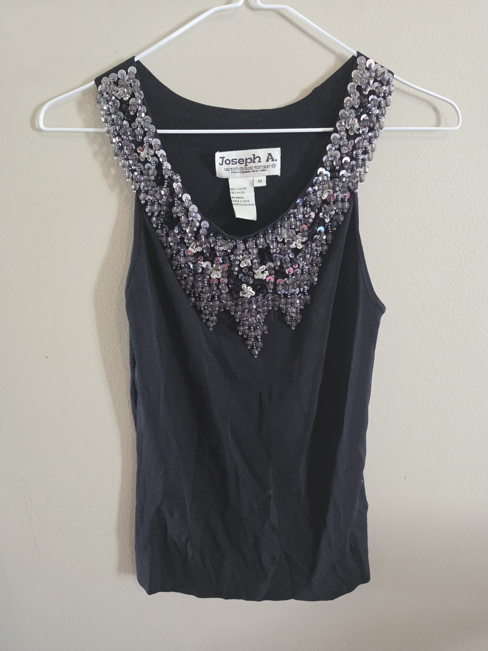 Joseph A Black Embellished Beaded Sequin Sleeveless Knit Tank Top Size Medium